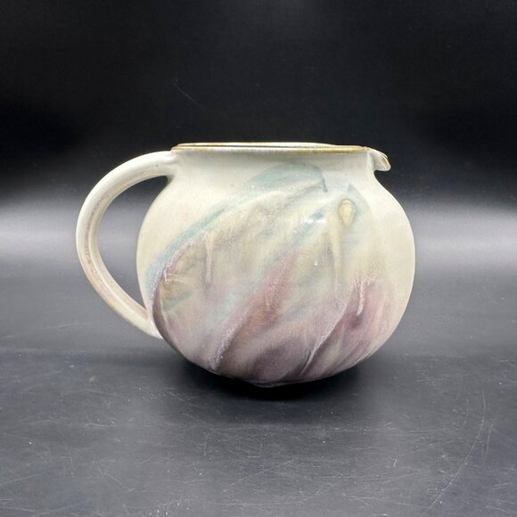 Vintage Art Pottery Pitcher Jug Pastel Purple Abstract Signed Planter Squatty - Picture 4 of 12